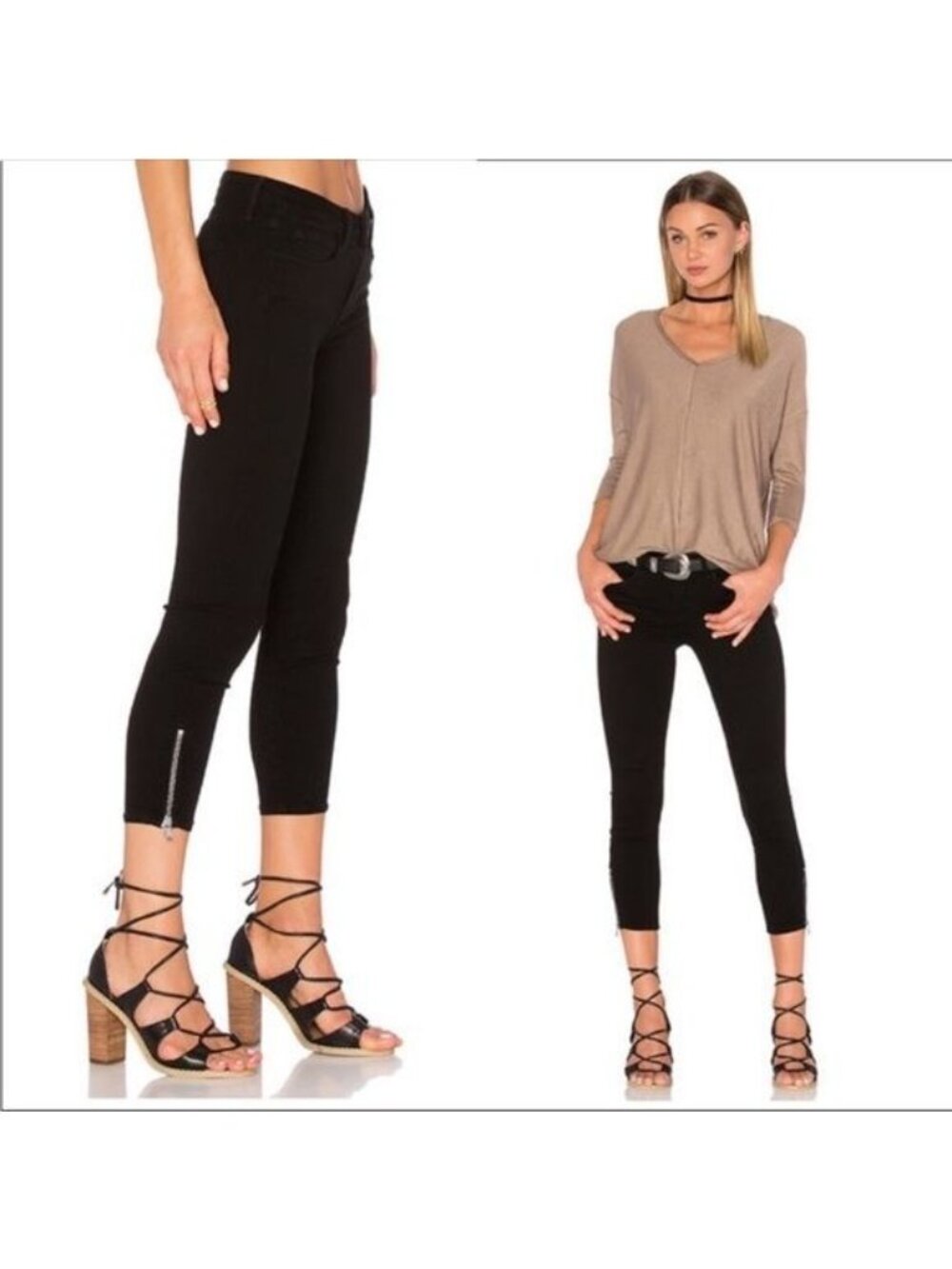 L'AGENCE Emmanuelle Mid-Rise Skinny Zip Noir Black Crop Ankle Jeans 29
